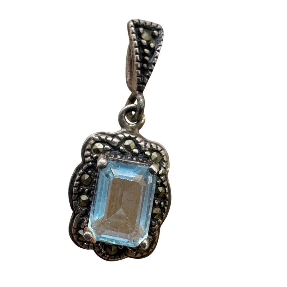 Vintage Sterling Silver Marcasite Blue Topaz Pendant 925 Thailand Art Deco Style